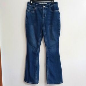 Size 10 denim jeans. "Curvy" long blue pants for tall women. Faded bootcut jeans